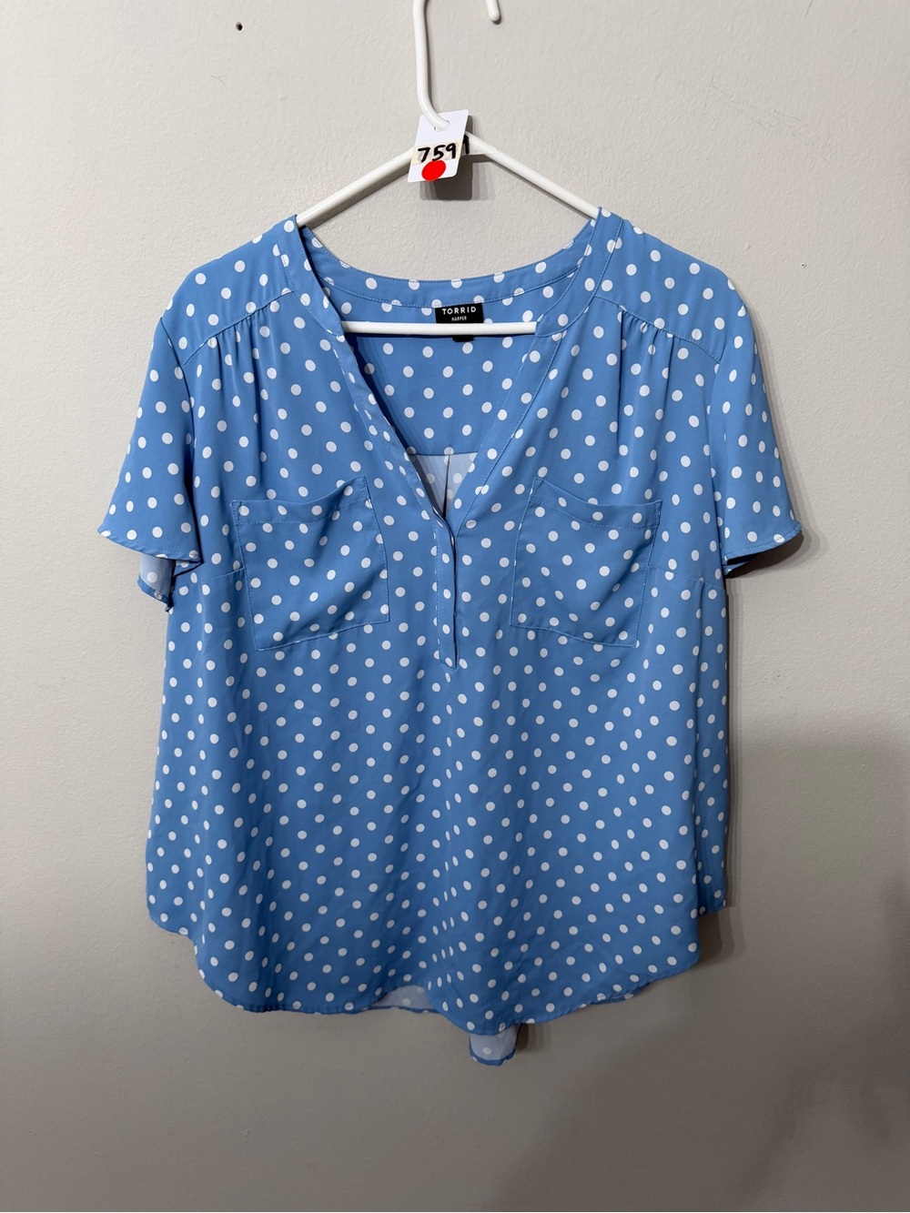 Women's Torrid Harper Size 1 1X Blue White Polka Dot Short Sleeve Blouse